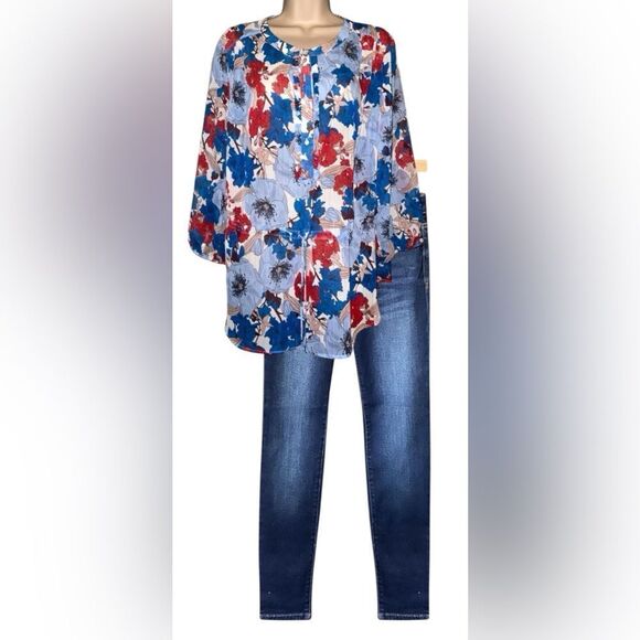 Liz Claiborne Boho Blue Floral Print Top Blouse Size L Glitter String Tie Front - Picture 1 of 7
